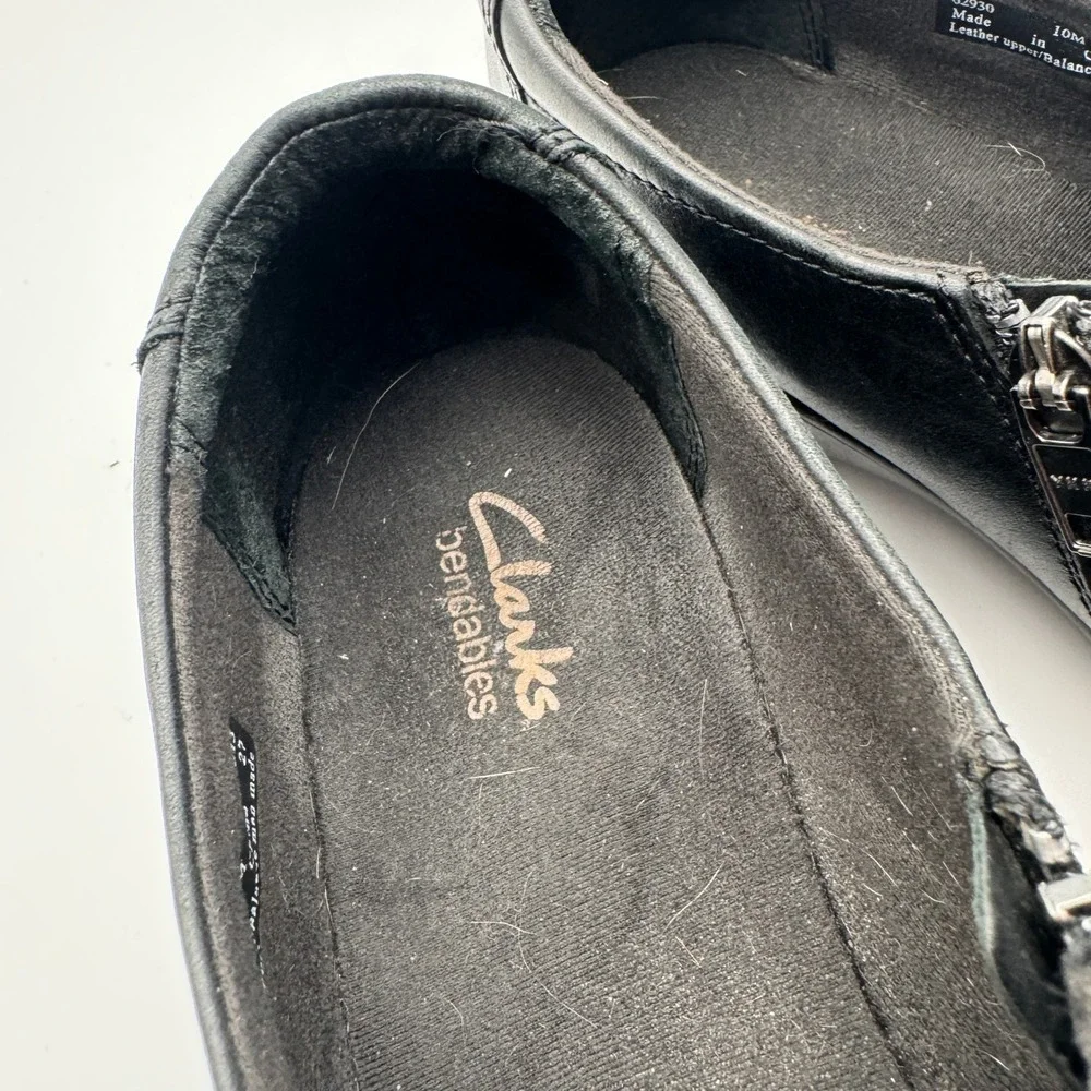 Clarks Bendables Black Leather Slip On Loafers Side Zip Wedge Shoes Women 10M